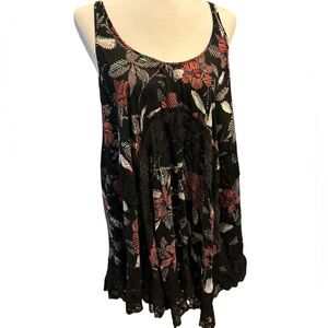 Free People Black Lace-Trim Swing Dress with Coral and Mint Leaves